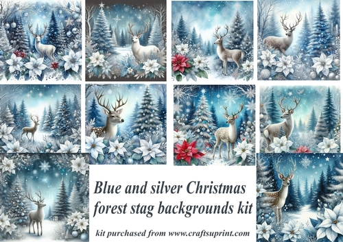 Blue and silver Christmas forest stag backgrounds kit