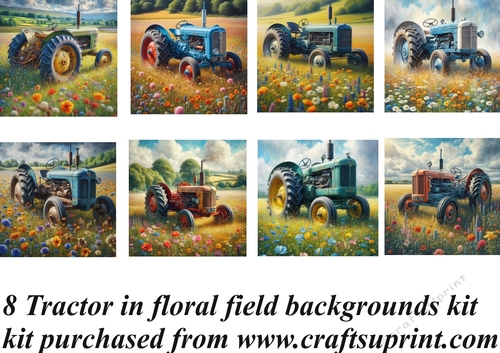 8 Tractor in floral field backgrounds kit