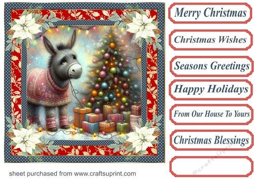 Holly and poinsettia framed Christmas donkey card front 1