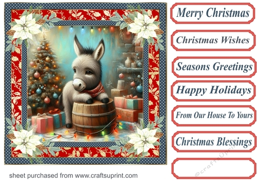 Holly and poinsettia framed Christmas donkey card front 2