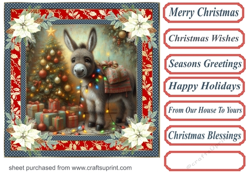 Holly and poinsettia framed Christmas donkey card front 3