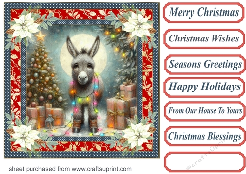 Holly and poinsettia framed Christmas donkey card front 5