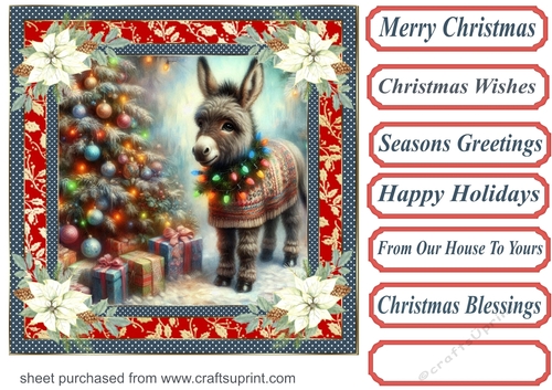 Holly and poinsettia framed Christmas donkey card front 6