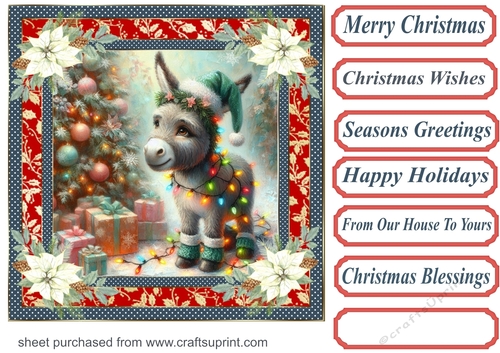 Holly and poinsettia framed Christmas donkey card front 7