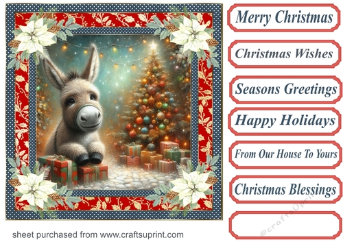 Holly and poinsettia framed Christmas donkey card front 8