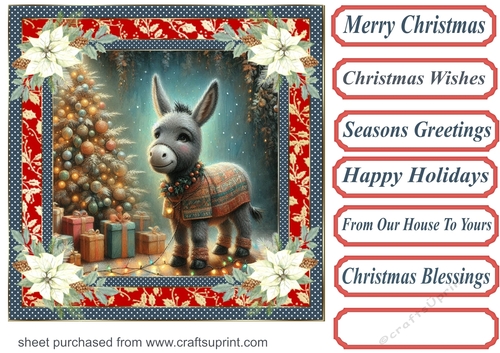 Holly and poinsettia framed Christmas donkey card front 9