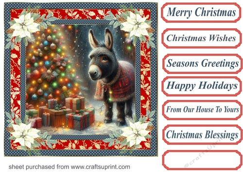 Holly and poinsettia framed Christmas donkey card front 10