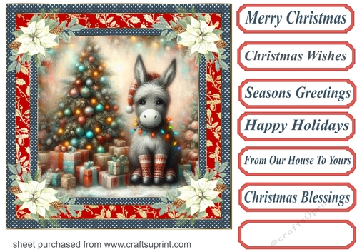Holly and poinsettia framed Christmas donkey card front 11