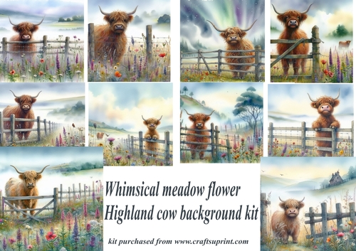 Whimsical meadow flower Highland cow backgrounds kit