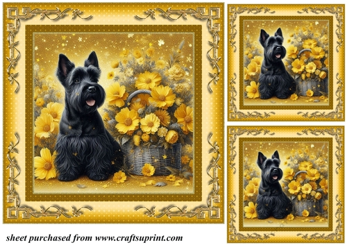 3 Yellow floral Scottish terrier card fronts/toppers 1