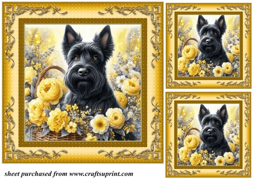3 Yellow floral Scottish terrier card fronts/toppers 2