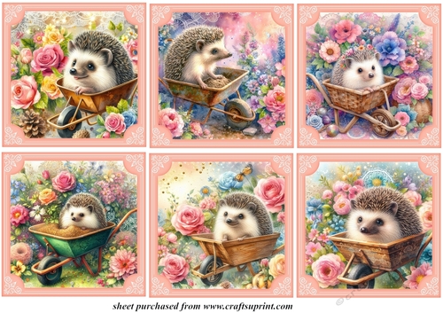 6 Floral wheel barrow hedgehog toppers