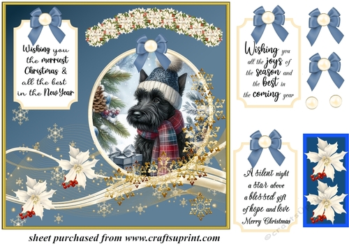 Blue and gold Christmas Scottish terrier card front 2