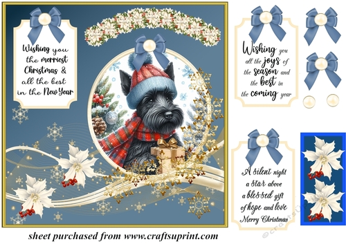 Blue and gold Christmas Scottish terrier card front 3