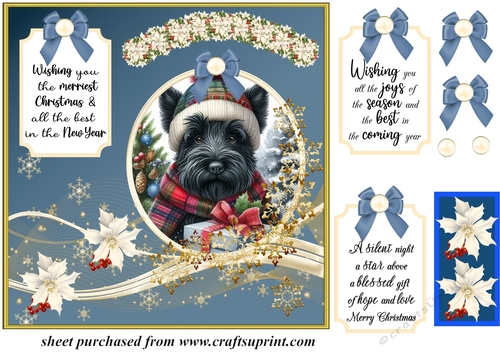 Blue and gold Christmas Scottish terrier card front 4