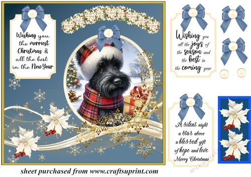 Blue and gold Christmas Scottish terrier card front 5
