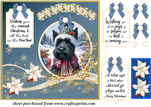 Blue and gold Christmas Scottish terrier card front 6