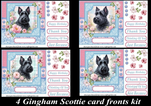 4 Floral gingham Scottie card fronts kit