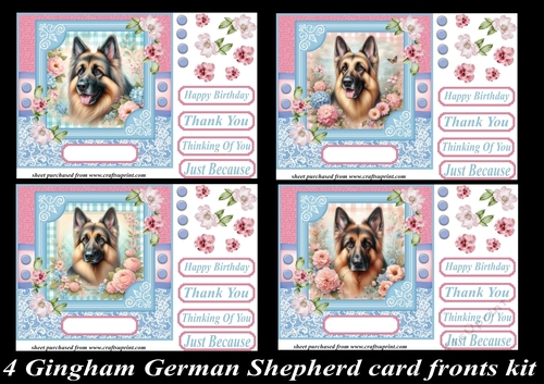 4 Floral gingham German Shepherd card fronts kit