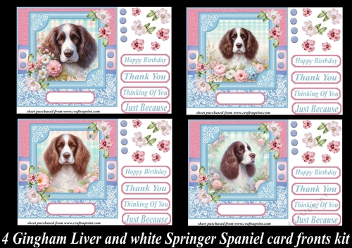 4 Floral gingham Liver and white Springer Spaniel card fronts kit