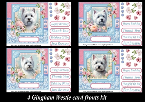 4 Floral gingham Westie card fronts kit