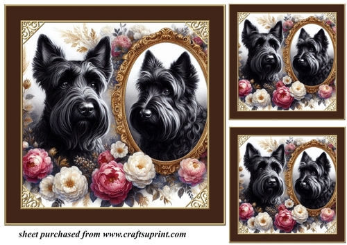 3 Framed floral Scottish terrier card front/toppers 1