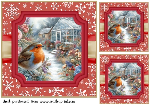 3 Red Christmas garden robin card front/toppers 2