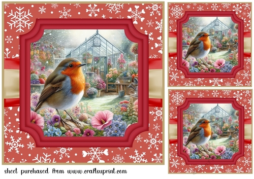 3 Red Christmas garden robin card front/toppers 3