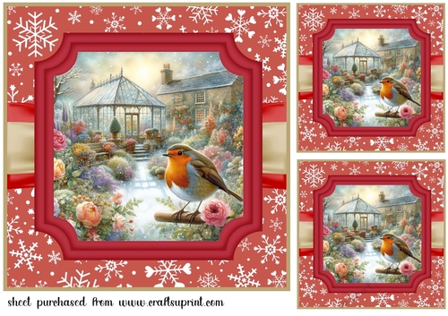 3 Red Christmas garden robin card front/toppers 6