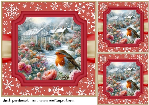 3 Red Christmas garden robin card front/toppers 8