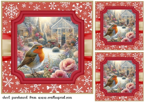 3 Red Christmas garden robin card front/toppers 10