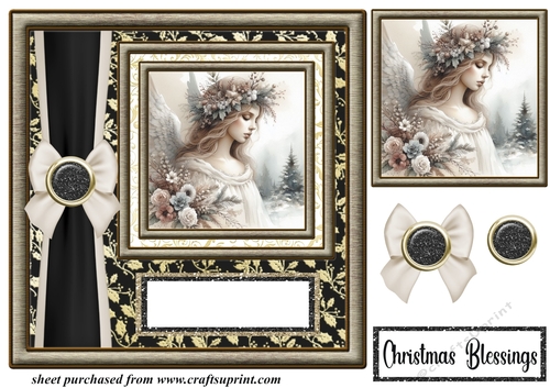 Black and gold Christmas Angel card front 1