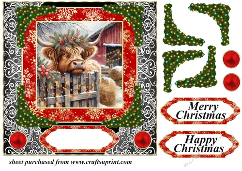 Red and black Christmas Highland cow card front 1