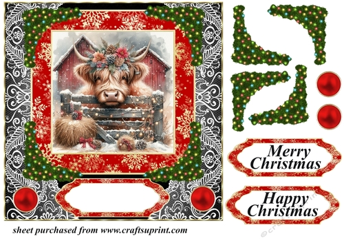 Red and black Christmas Highland cow card front 2