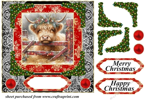 Red and black Christmas Highland cow card front 3