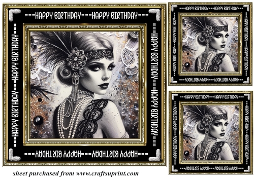 3 Black and gold Birthday Flapper girl card front/topper 2