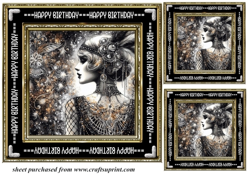 3 Black and gold Birthday Flapper girl card front/topper 3