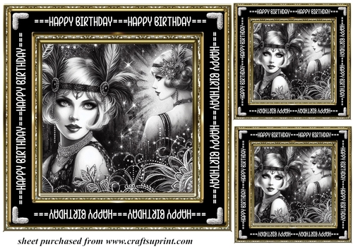 3 Black and gold Birthday Flapper girl card front/topper 7