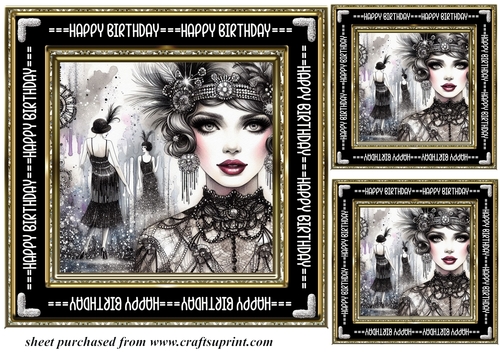 3 Black and gold Birthday Flapper girl card front/topper 12