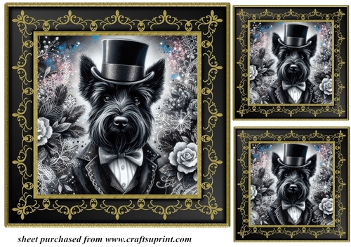 3 Black and gold top hat Scottie card front/toppers 2