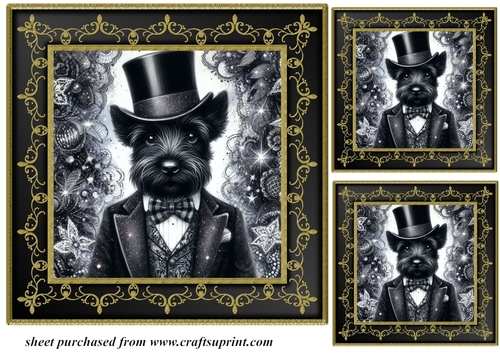 3 Black and gold top hat Scottie card front/toppers 5