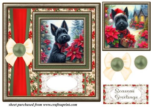 Framed poinsettia Scottish terrier card front 2