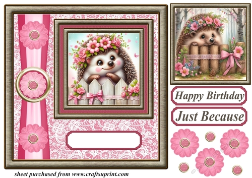 Pink and gold floral hedgehog card front 1