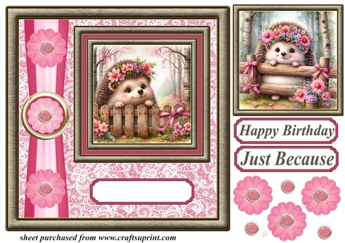 Pink and gold floral hedgehog card front 2