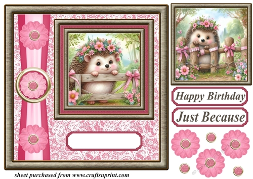 Pink and gold floral hedgehog card front 3