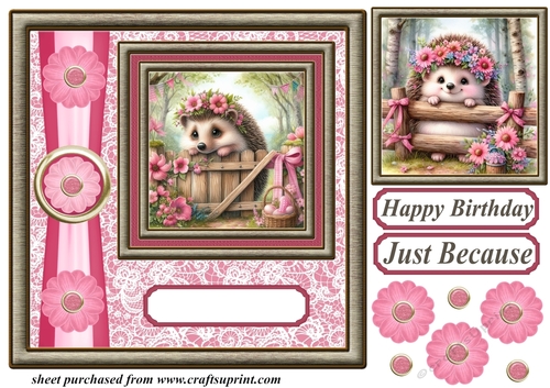 Pink and gold floral hedgehog card front 4