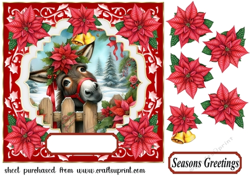 Christmas poinsettia donkey card front 1