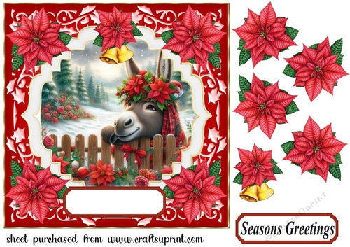Christmas poinsettia donkey card front 2