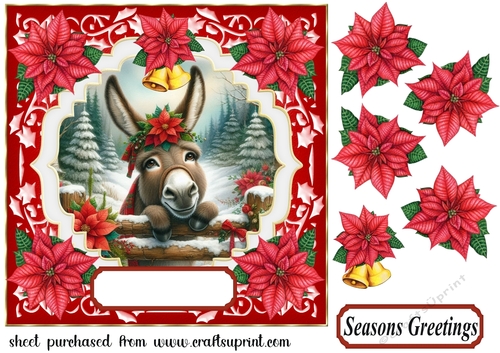 Christmas poinsettia donkey card front 8