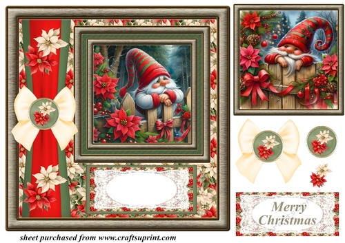 Poinsettia Christmas gnome card front 1